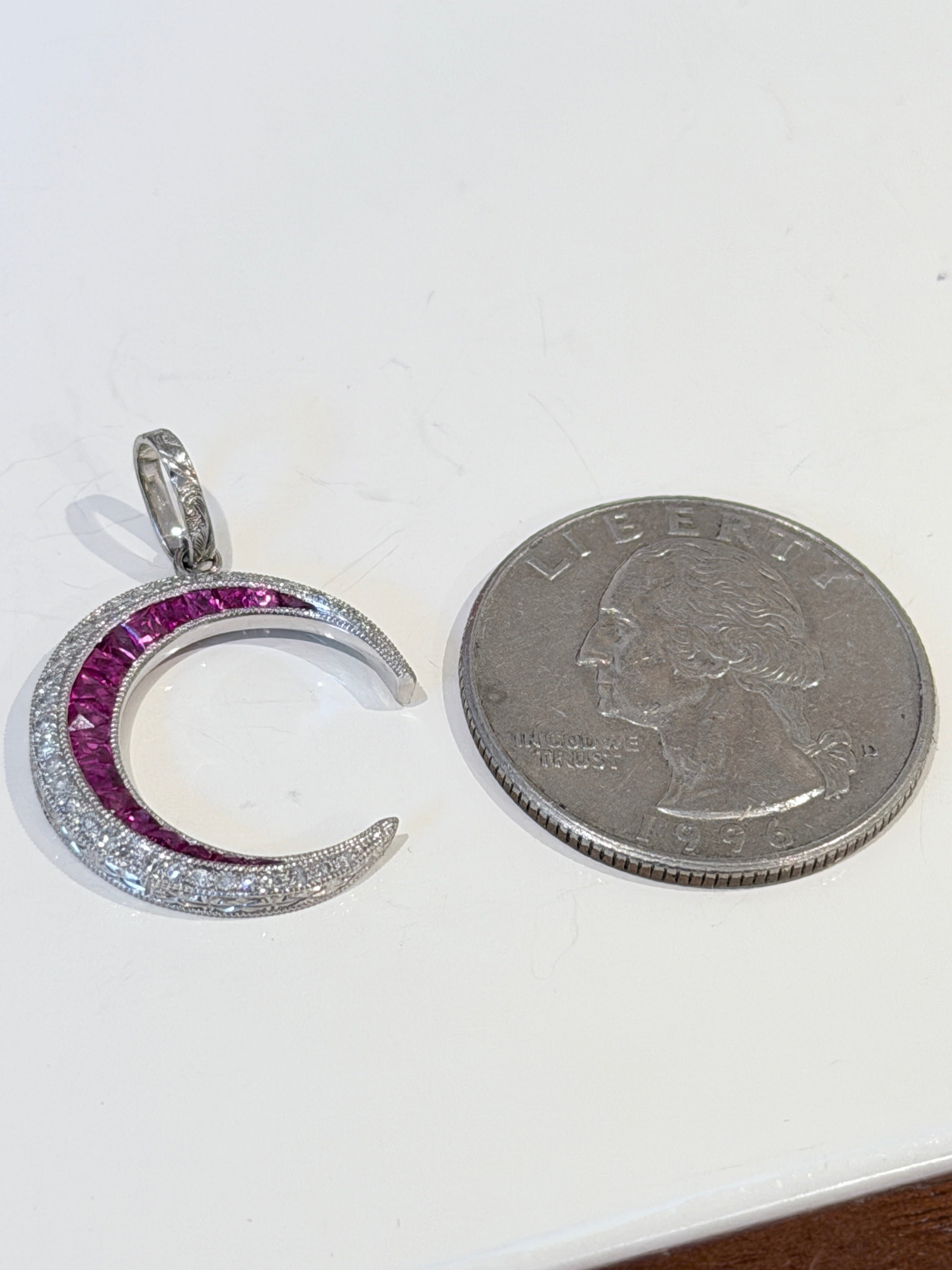 Diamond and Ruby Crescent Moon Pendant