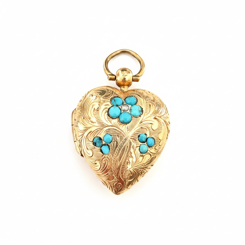 Victorian Rolled Gold Turquoise Forget-Me-Not Heart Locket