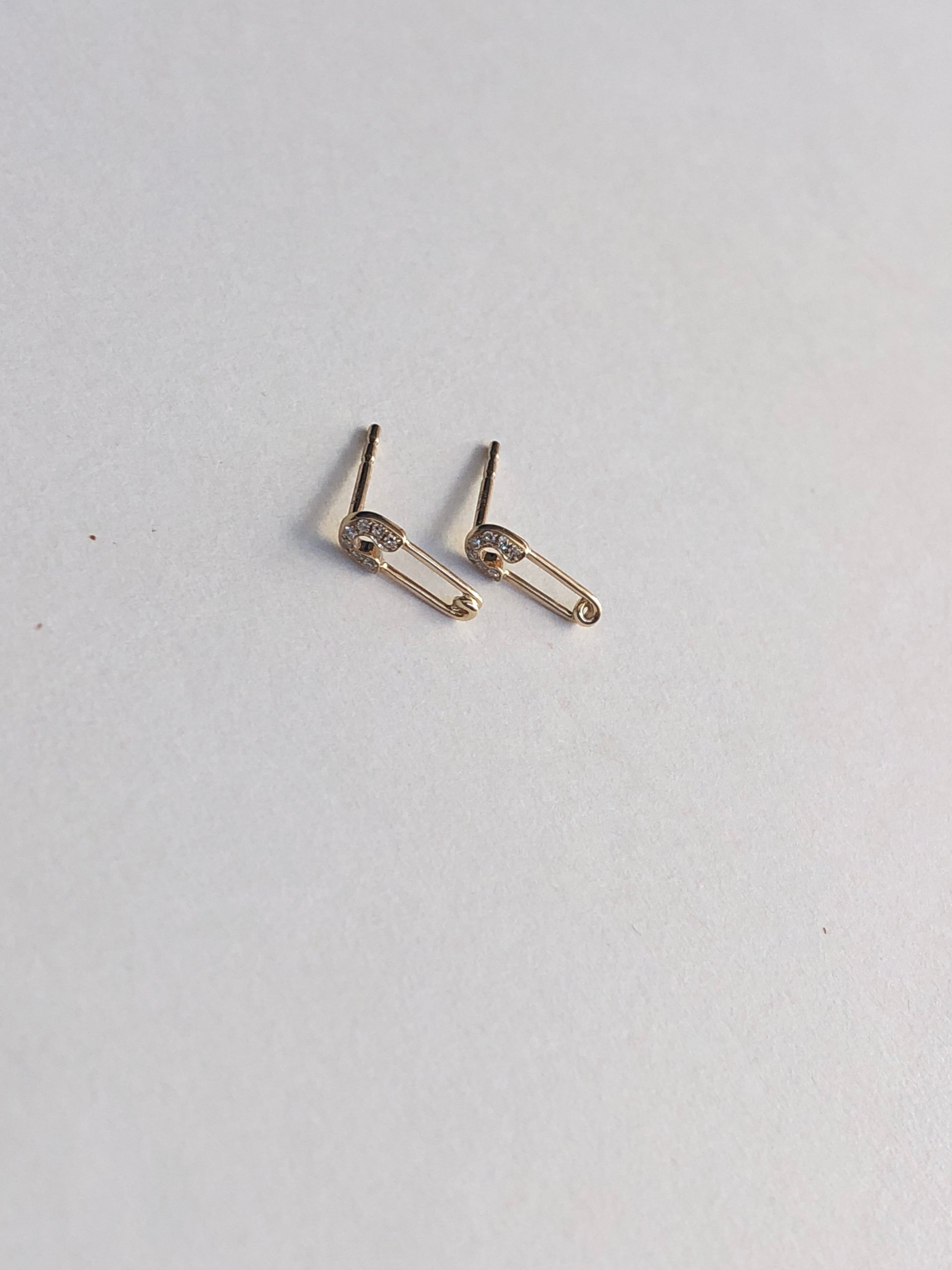 Diamond Safety Pin Stud Earrings - PAIR
