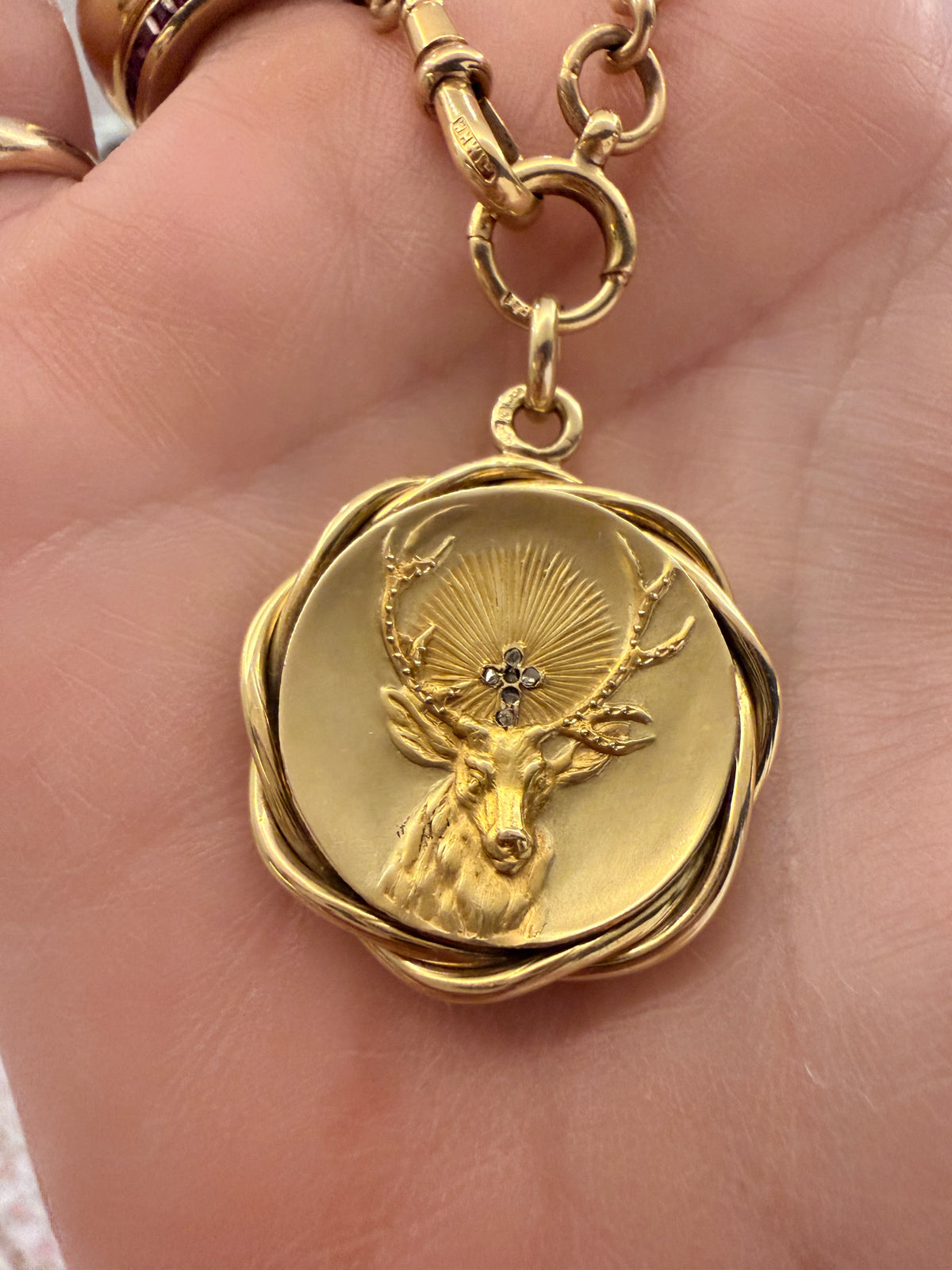 Antique 15ct Gold Stag & Diamond Locket