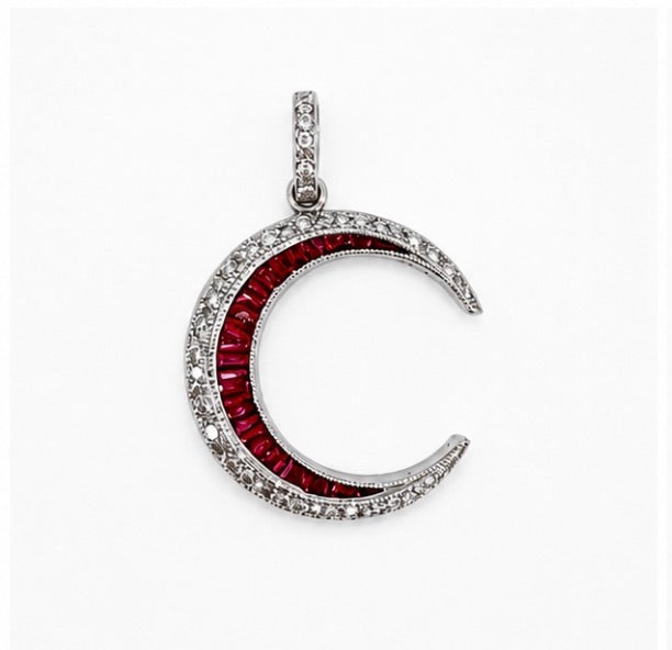 Diamond and Ruby Crescent Moon Pendant