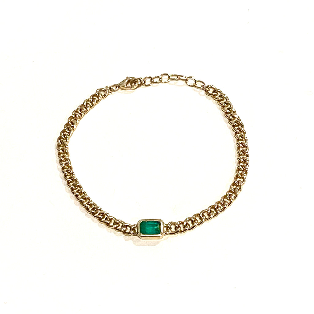 Gold Cuban Chain Bracelet with Emerald