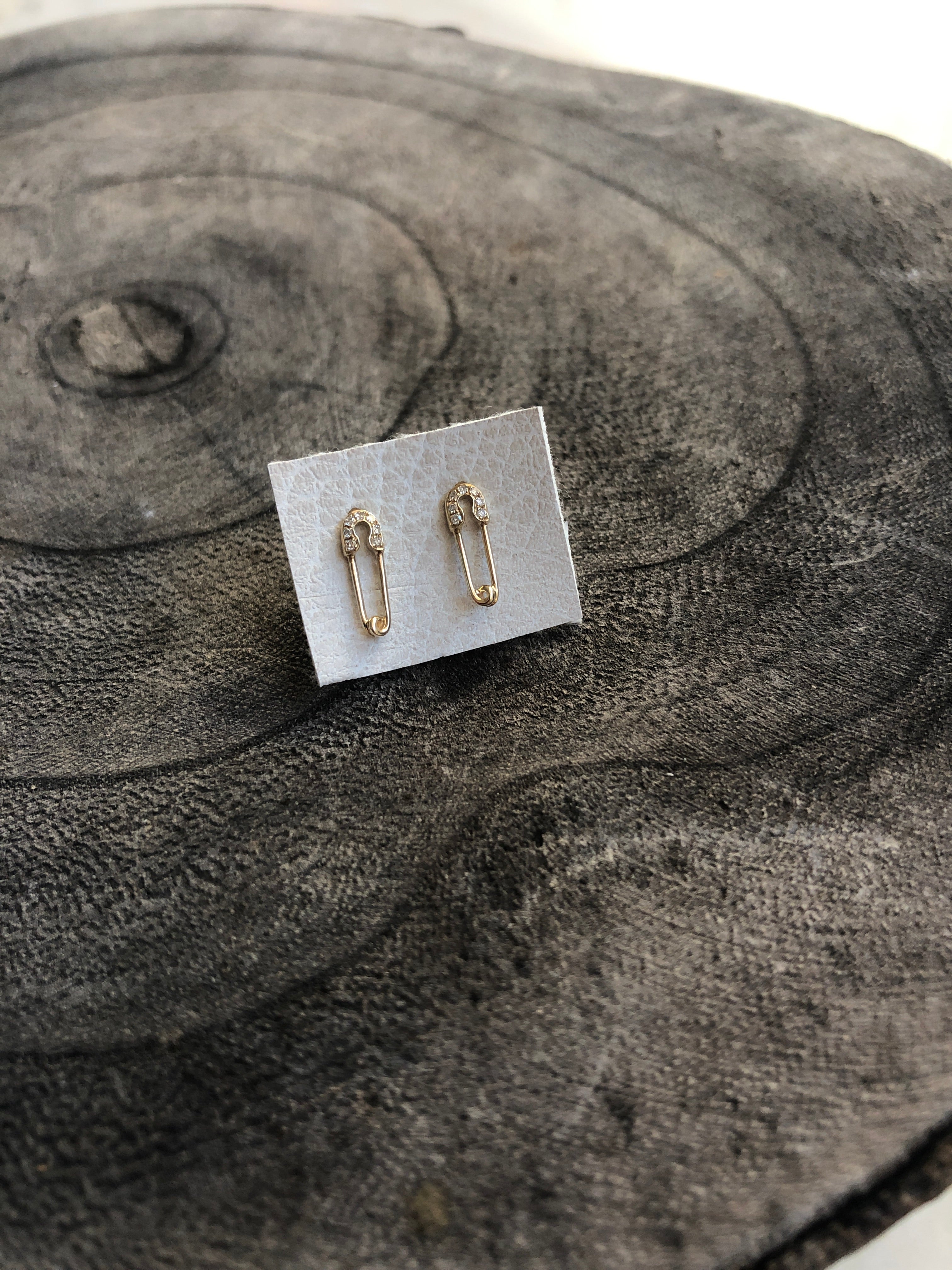 Diamond Safety Pin Stud Earrings - PAIR